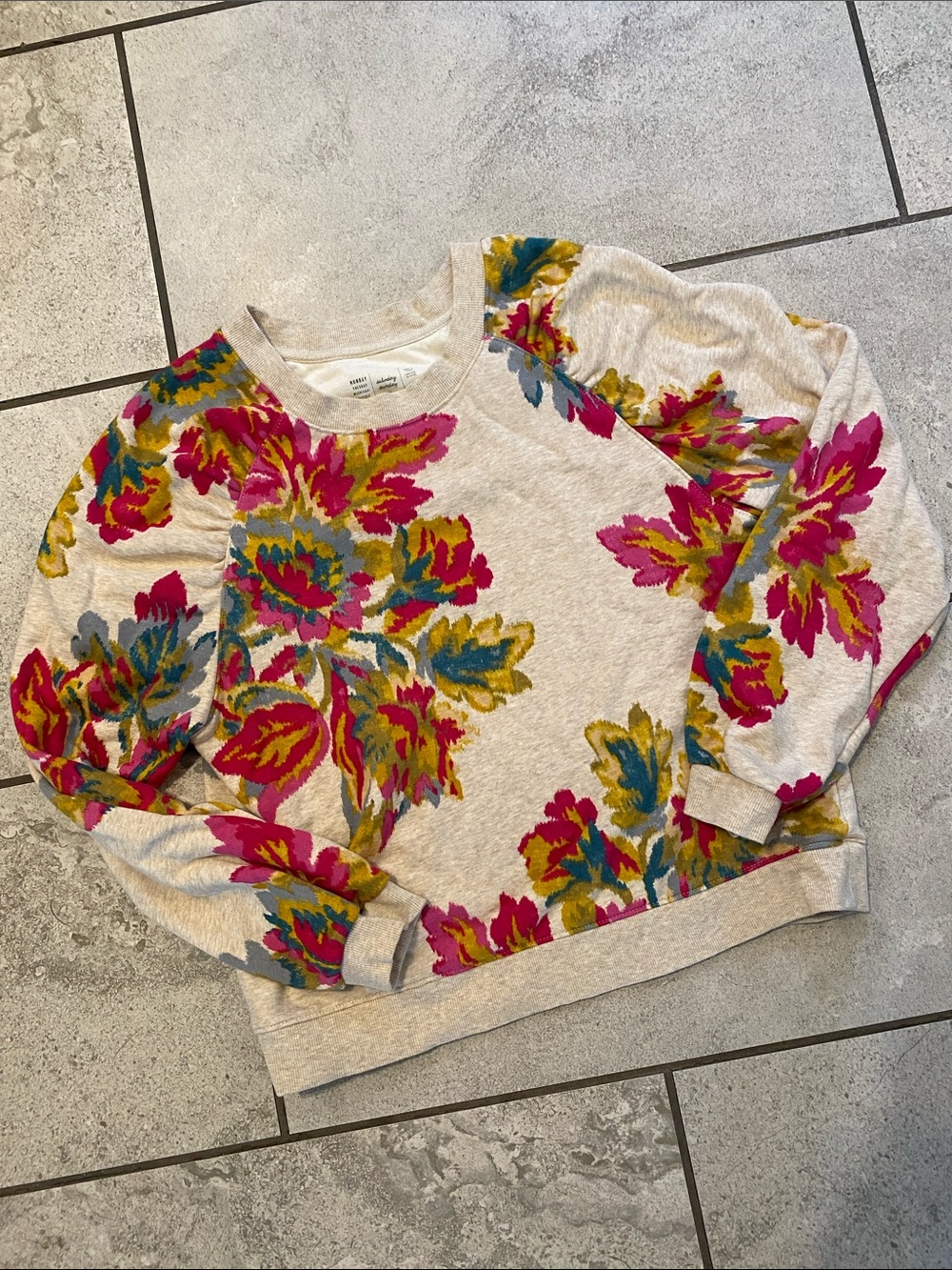 Anthropologie Cream Crewneck Sweatshirt with Pink, Green & Teal Floral Print